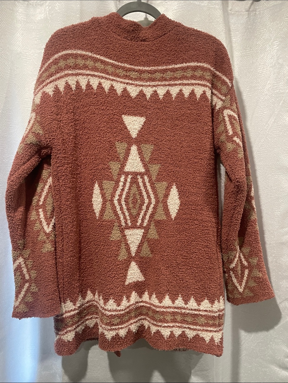 Open-Front Aztec Knit Cardigan Sweater - Rust/Cream - Picture 3 of 3